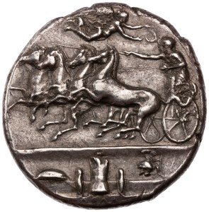 Inspiration for the Siculo-Punic Tetradrachms:
Syracuse AR (42.82 g.) Decadrachm by Euainetos, c. 405-400 BC.   Reverse:  Below AΘΛΑ: Quadriga driven left by charioteer; above, Nike flying right, crowning charioteer; in exergue panoply of weapons.  ANS 1997.9.64
