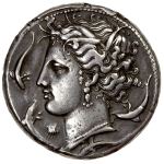Siculo-Punic AR Tetradrachm, c. 320-300BC, People of the Camp mint, Jenkins-161.  Obverse: Head of Arethusa/Tanit left, wearing barley wreath and earring, four dolphins around, small shell below chin.   Stephen Album Rare Coins Auction 42, Lot 45.   Realized $11,400 on $1,000-$1,500 Estimate.  