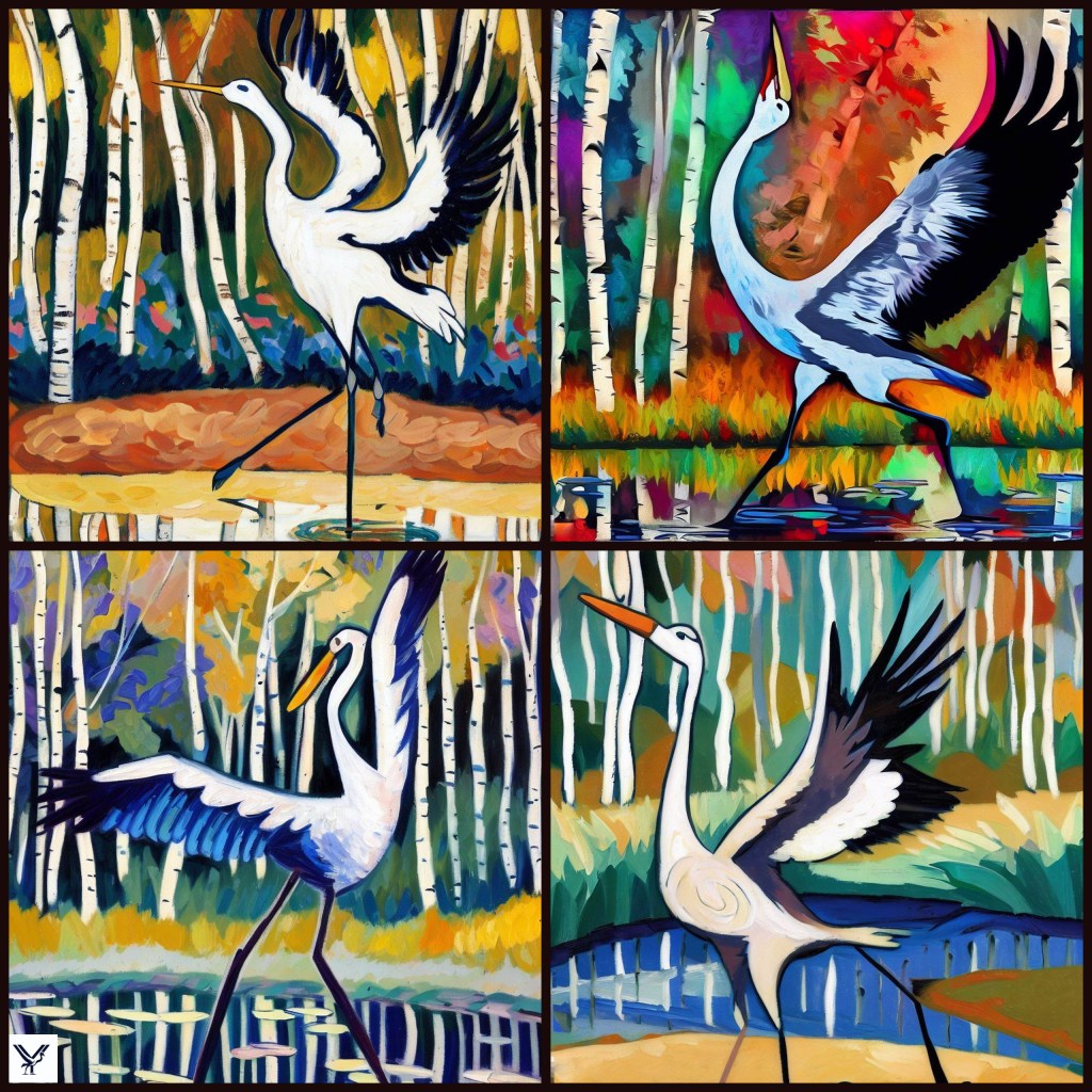 Four images of dancing cranes, in the style of a Matisse painting, with a birch forest backdrop, reflected in a pond.