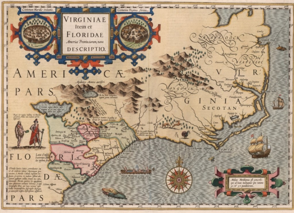 Virginiae Item et Floridae Americae Provinciarum, nova Descriptio.
Map by Gerard Mercator (1512–1594), Jodocus Hondius (1563–1612), and Hendrik Hondius (1597–1651).